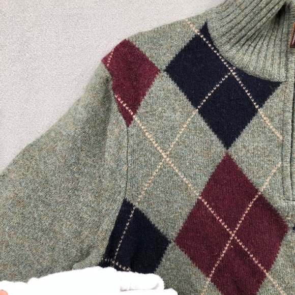 J. Crew Wool Argyle 1/4 Zip Sweater Mens Small S Olive Burgundy Academia Preppy - Picture 6 of 12